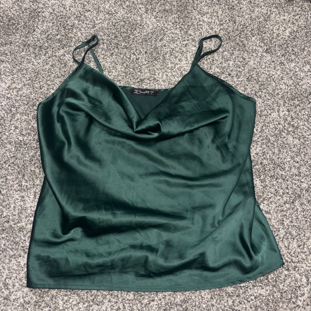 Simple Satin Cowl Neck Camisole - Dark Green